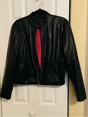 Ralph Lauren Black Leather Jacket with Pink Quilted Lining